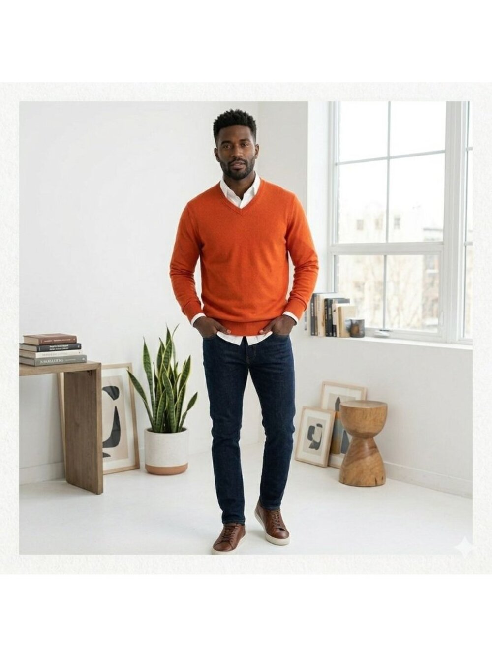 Old Navy V-Neck Sweater Mens Large Orange Knit 100% Cotton Pullover Casual